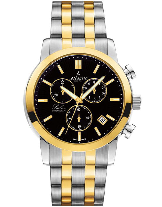 Atlantic Atlantic 62455.43.61G  62455.43.61G кварцевые мужские часы черный циферблат, браслет сталь c pvd покрытием — вид спереди