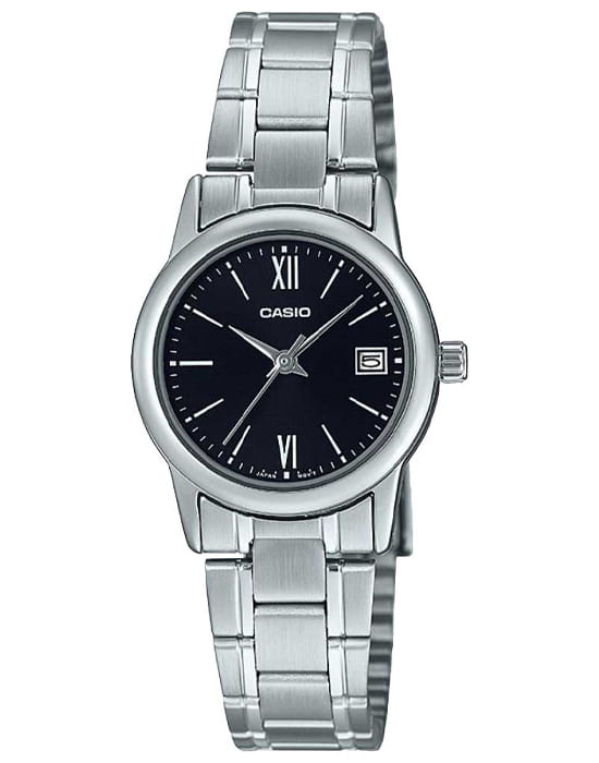 Casio Casio Collection LTP-V002D-1B3  LTP-V002D-1B3 кварцевые женские часы черный циферблат, браслет нержавеющая сталь — вид спереди