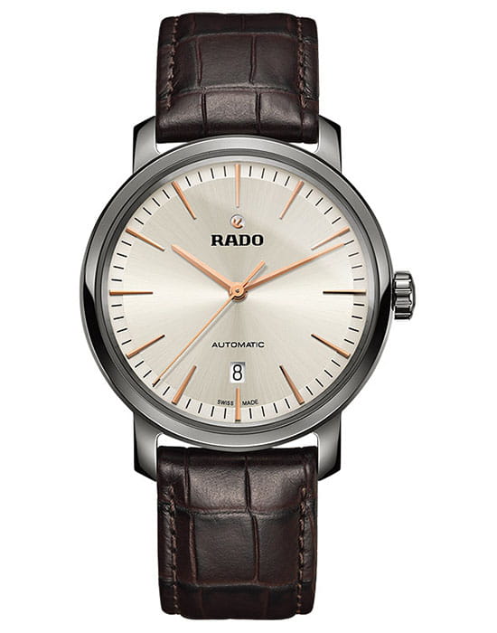 Rado Rado Diamaster R14074086 Automatic R14074086 механические мужские часы бежевый циферблат, браслет кожаный — вид спереди