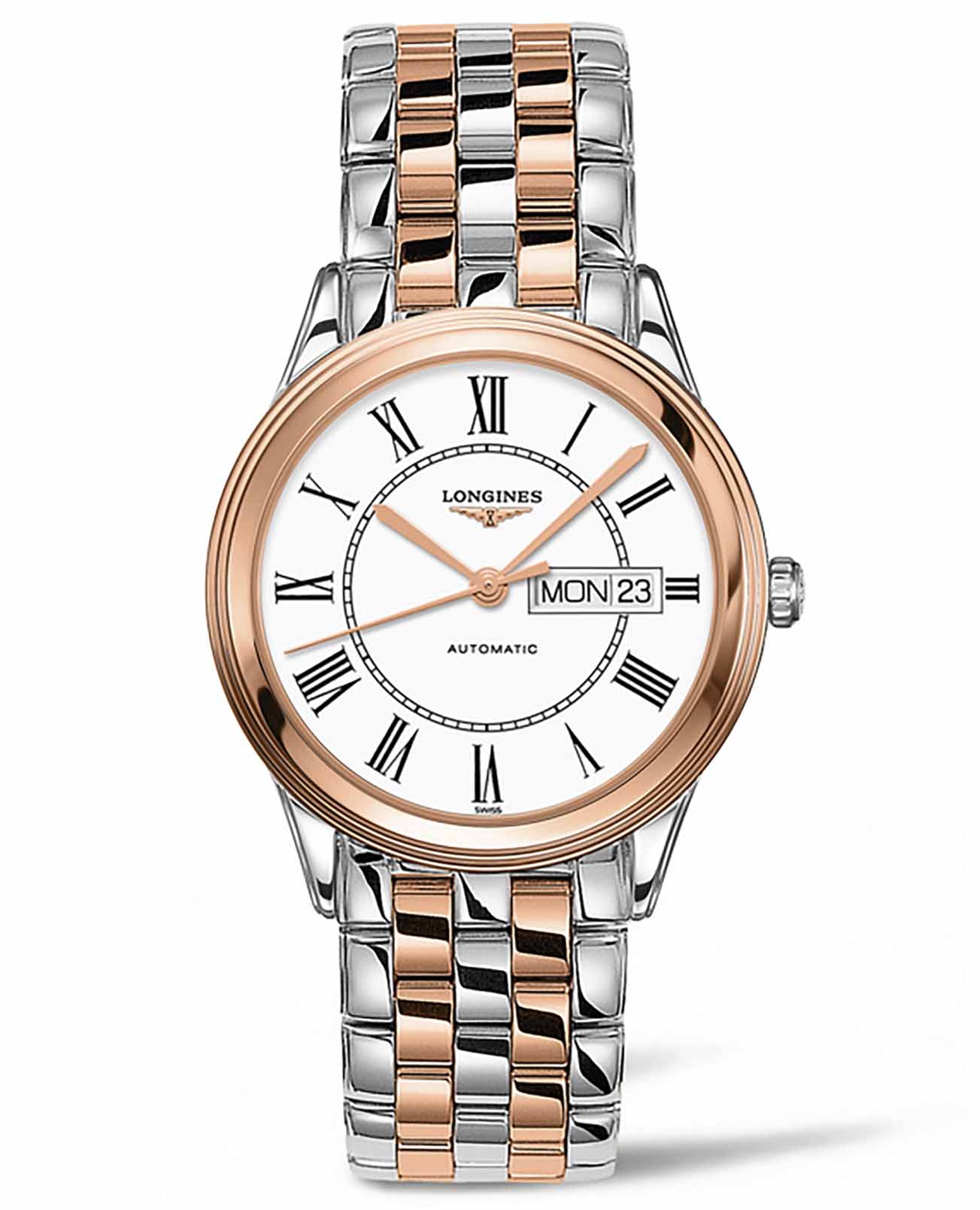 Longines Longines Flagship L4.899.3.91.7  L48993917 механические мужские часы белый циферблат, браслет сталь c pvd покрытием — вид спереди