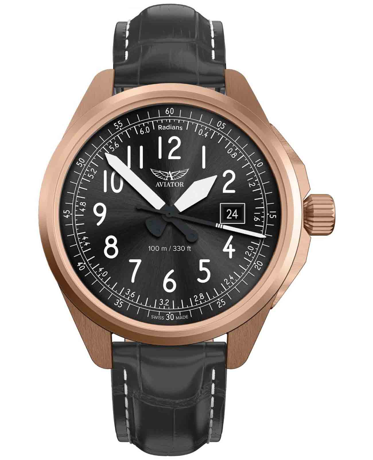 Aviator Aviator Airacobra V.1.38.2.322.4  V.1.38.2.322.4 кварцевые мужские часы черный циферблат, браслет кожаный — вид спереди