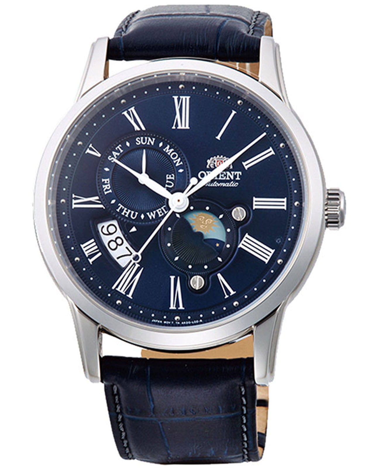 Orient Orient Sun & Moon RA-AK0011D (RN-AK0011D)  RA-AK0011D механические мужские часы синий циферблат, браслет кожаный — вид спереди