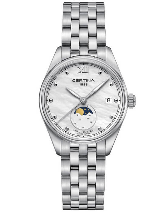 Certina Certina DS-8 Lady Moon Phase C033.257.11.118.00 DS 8 C0332571111800 кварцевые женские часы перламутровый циферблат, браслет нержавеющая сталь — вид спереди