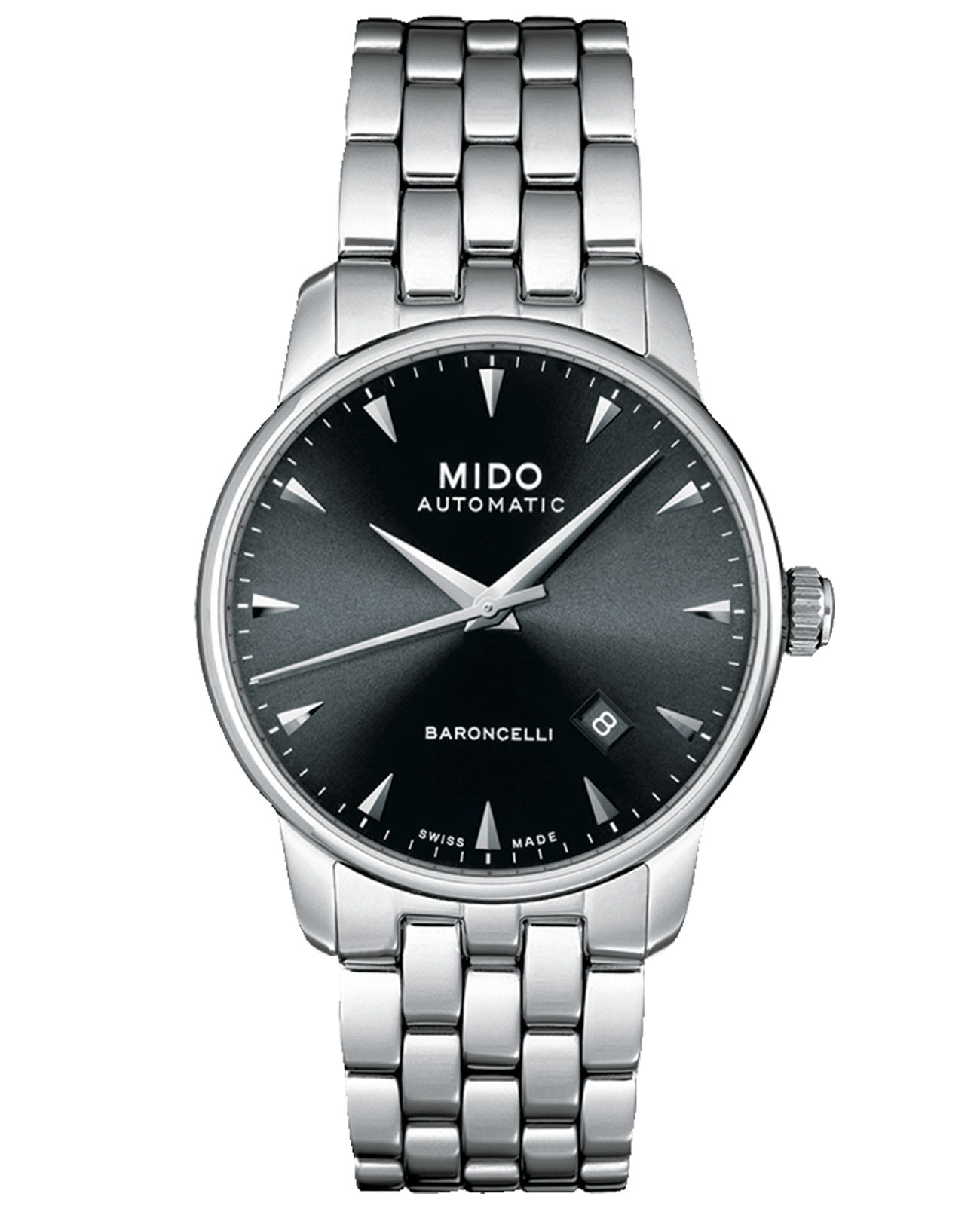 Mido Mido Baroncelli Gent M8600.4.18.1  M86004181 механические мужские часы черный циферблат, браслет нержавеющая сталь — вид спереди