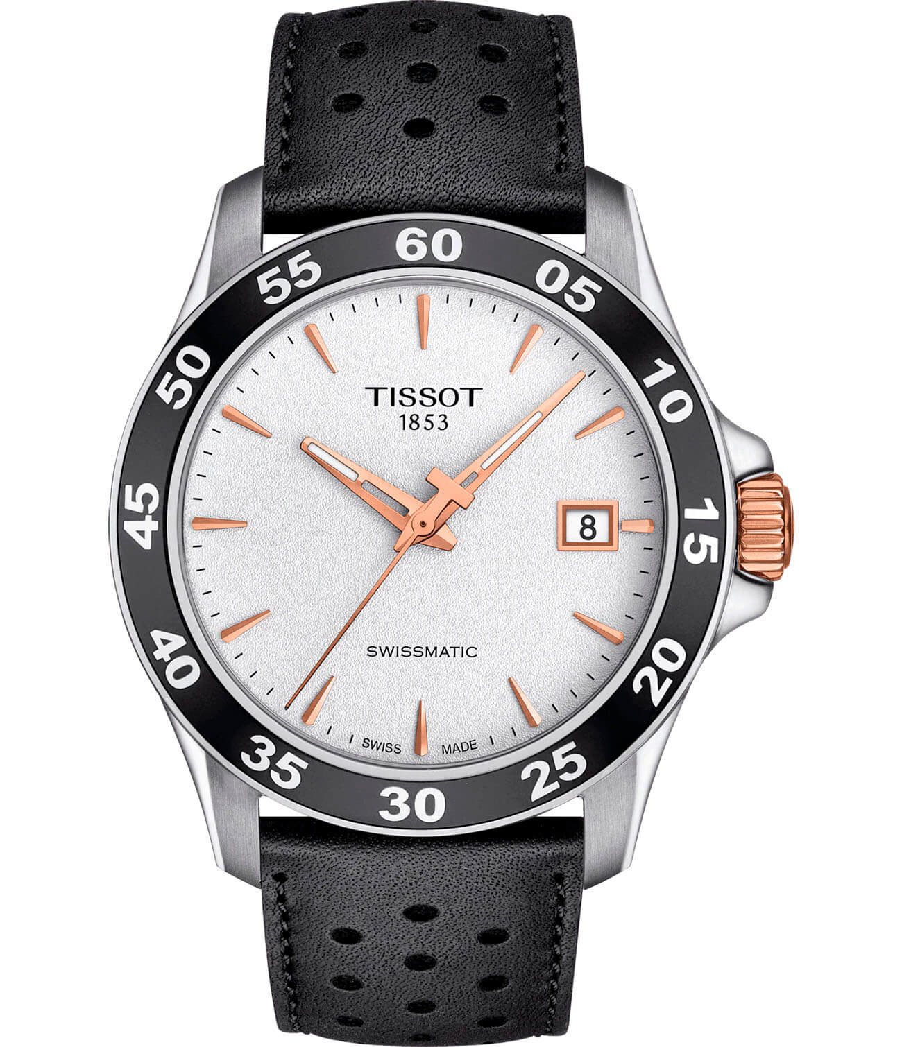Tissot Tissot V8 Swissmatic T106.407.26.031.00 V8  T1064072603100 механические мужские часы белый циферблат, браслет кожаный — вид спереди