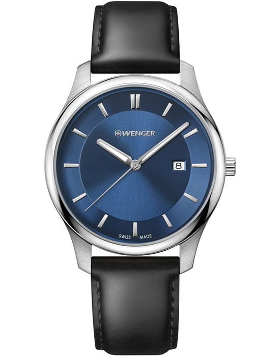 Wenger 01.1441.118  01.1441.118 кварцевые мужские часы синий циферблат, браслет кожаный — вид спереди