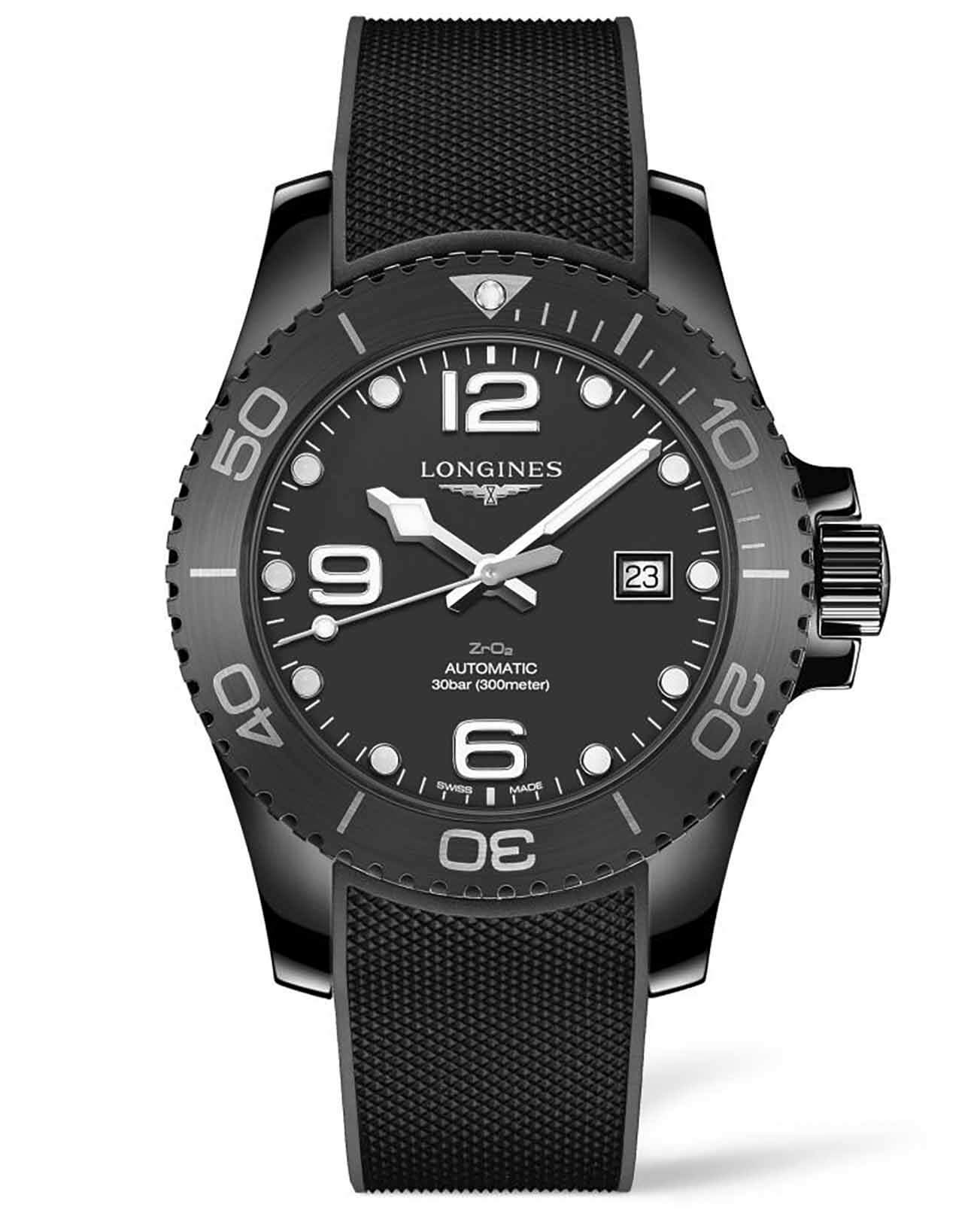 Longines Longines HydroConquest L3.784.4.56.9  L37844569 механические мужские часы черный циферблат, браслет каучук — вид спереди