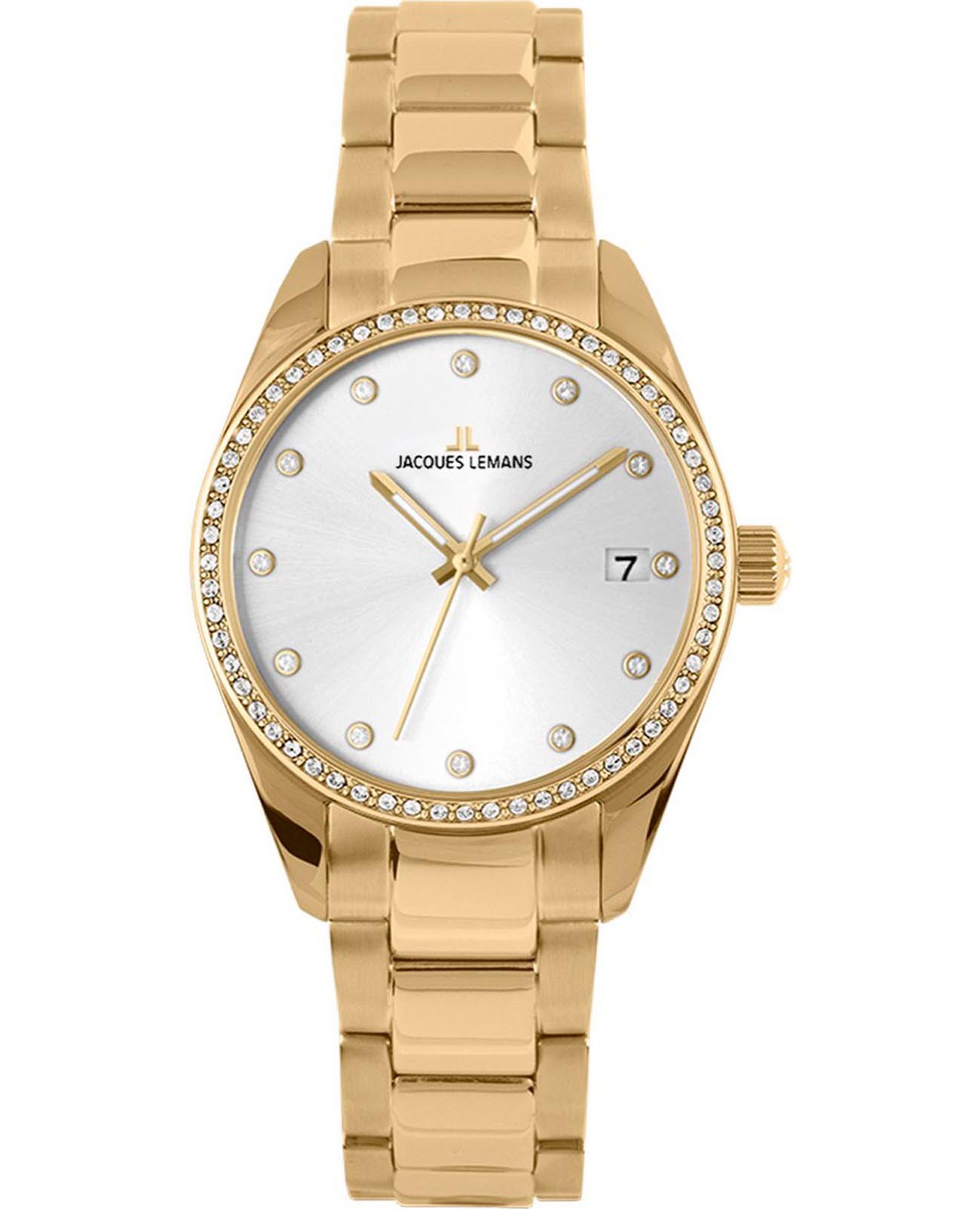 Jacques Lemans Jacques Lemans Derby 1-2133C  1-2133C кварцевые женские часы серебристый циферблат, браслет нержавеющая сталь с pvd-покрытием — вид спереди