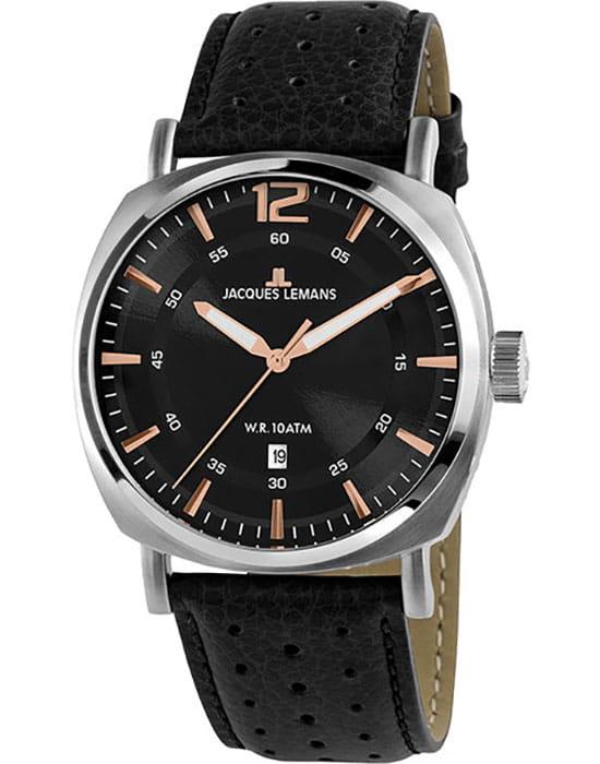 Jacques Lemans Jacques Lemans 1-1943A  1-1943A кварцевые мужские часы черный циферблат, браслет кожаный — вид спереди