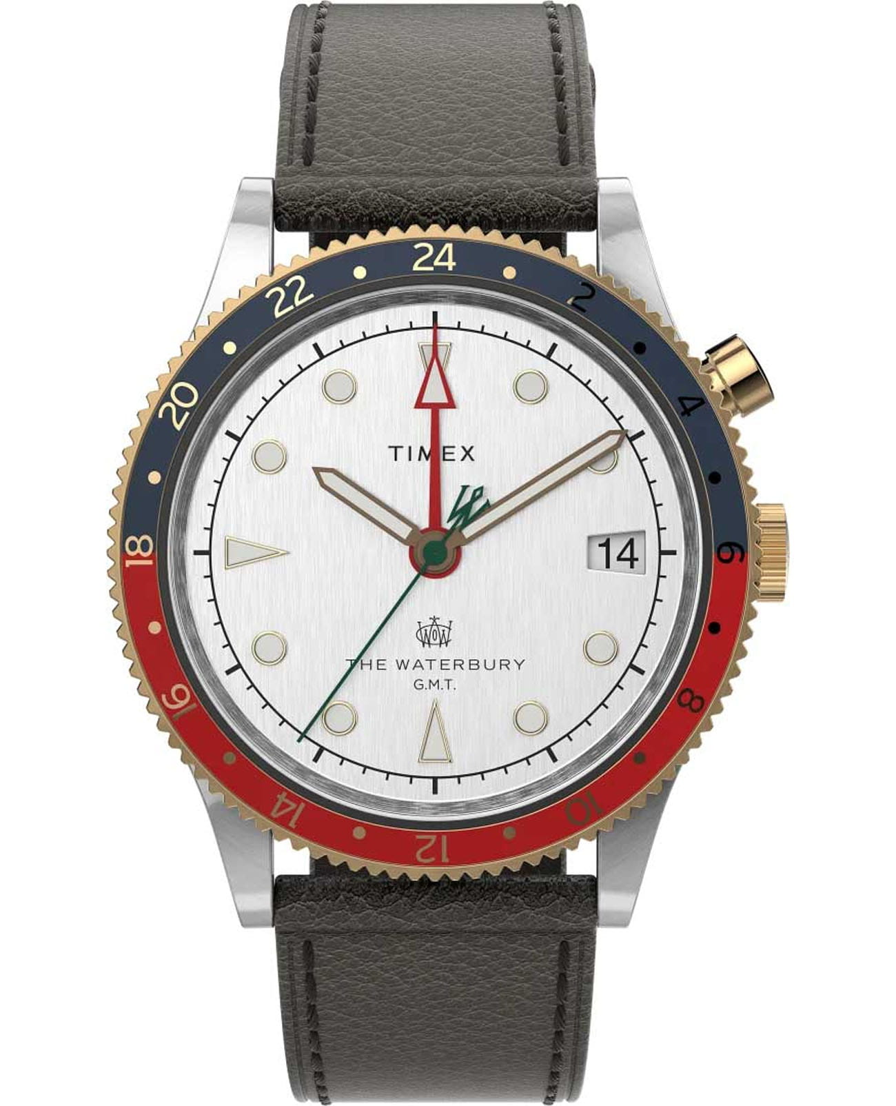 Timex Timex Waterbury Traditional GMT TW2U99100  TW2U99100 кварцевые мужские часы белый циферблат, браслет кожаный — вид спереди
