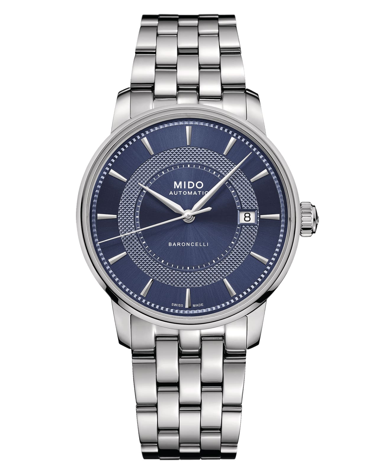 Mido Mido Baroncelli Signature M037.407.11.041.01  M0374071104101 механические мужские часы синий циферблат, браслет нержавеющая сталь — вид спереди