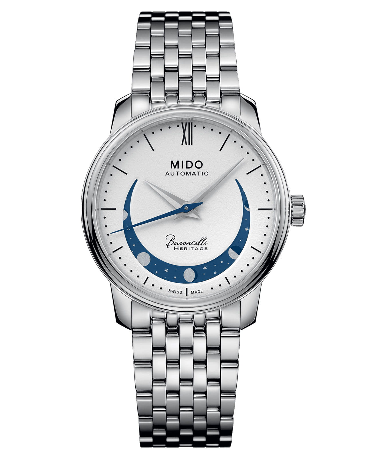 Mido Mido Baroncelli Smiling Moon Lady M027.207.11.010.01  M0272071101001 механические женские часы белый циферблат, браслет нержавеющая сталь — вид спереди