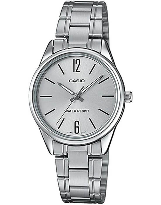 Casio Casio LTP-V005D-7B  LTP-V005D-7B кварцевые женские часы серебристый циферблат, браслет нержавеющая сталь + золото 18к — вид спереди