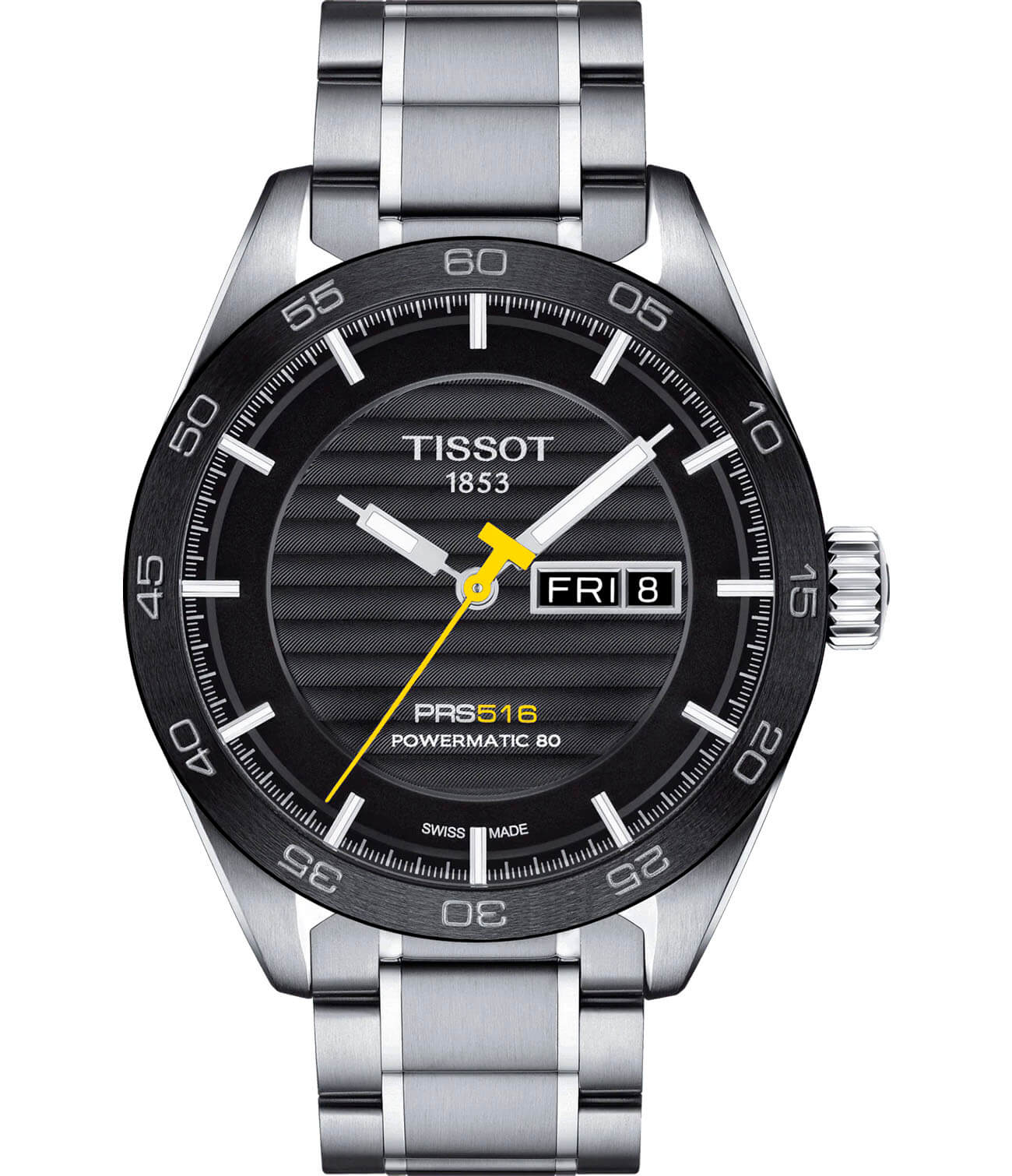 Tissot Tissot PRS 516 Powermatic 80 T100.430.11.051.00 PRS 516 T1004301105100 механические мужские часы черный циферблат, браслет нержавеющая сталь — вид спереди