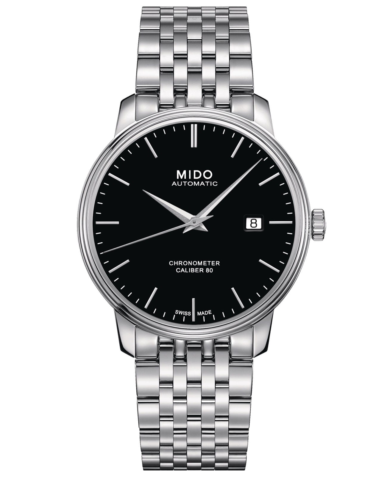 Mido Mido Baroncelli Chronometer Silicon Gent M027.408.11.051.00  M0274081105100 механические мужские часы черный циферблат, браслет нержавеющая сталь — вид спереди