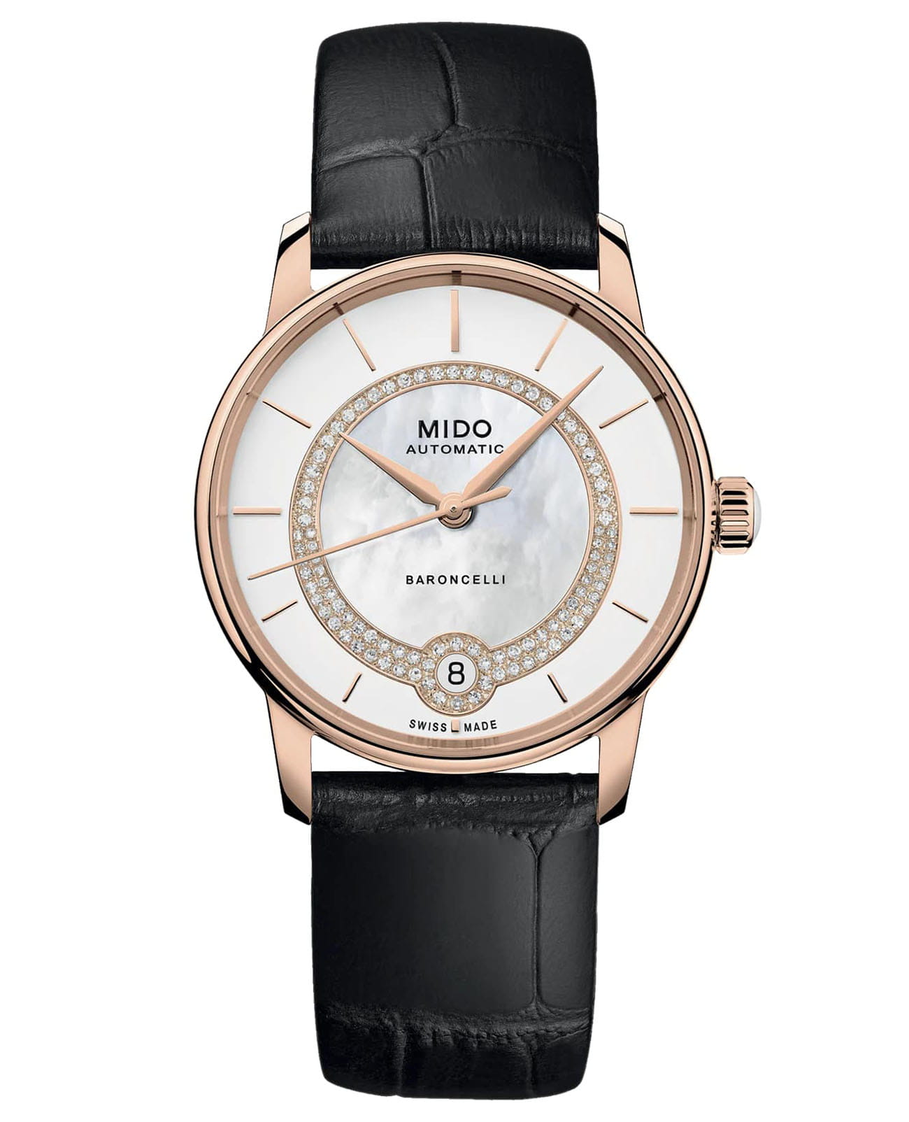 Mido Mido Baroncelli Lady Necklace M037.807.36.031.00  M0378073603100 механические женские часы перламутровый циферблат, браслет кожаный — вид спереди