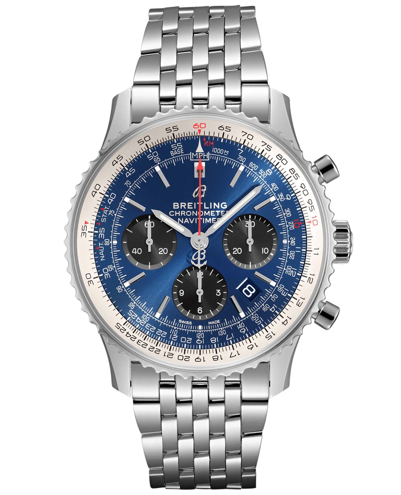 Breitling Breitling Navitimer B01 Chronograph 43 AB0121211C1A1  AB0121211C1A1 механические мужские часы синий циферблат, браслет нержавеющая сталь — вид спереди
