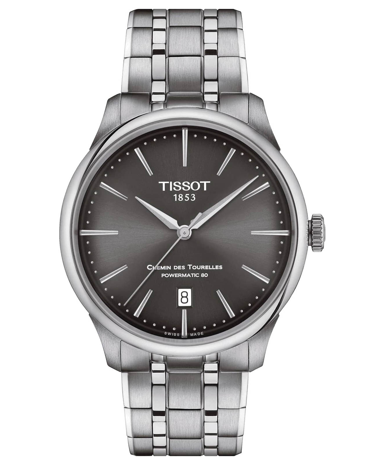 Tissot Tissot Chemin des Tourelles Powermatic 80 T139.807.11.061.00 Chemin des Tourelles T1398071106100 механические мужские часы серый циферблат, браслет нержавеющая сталь — вид спереди