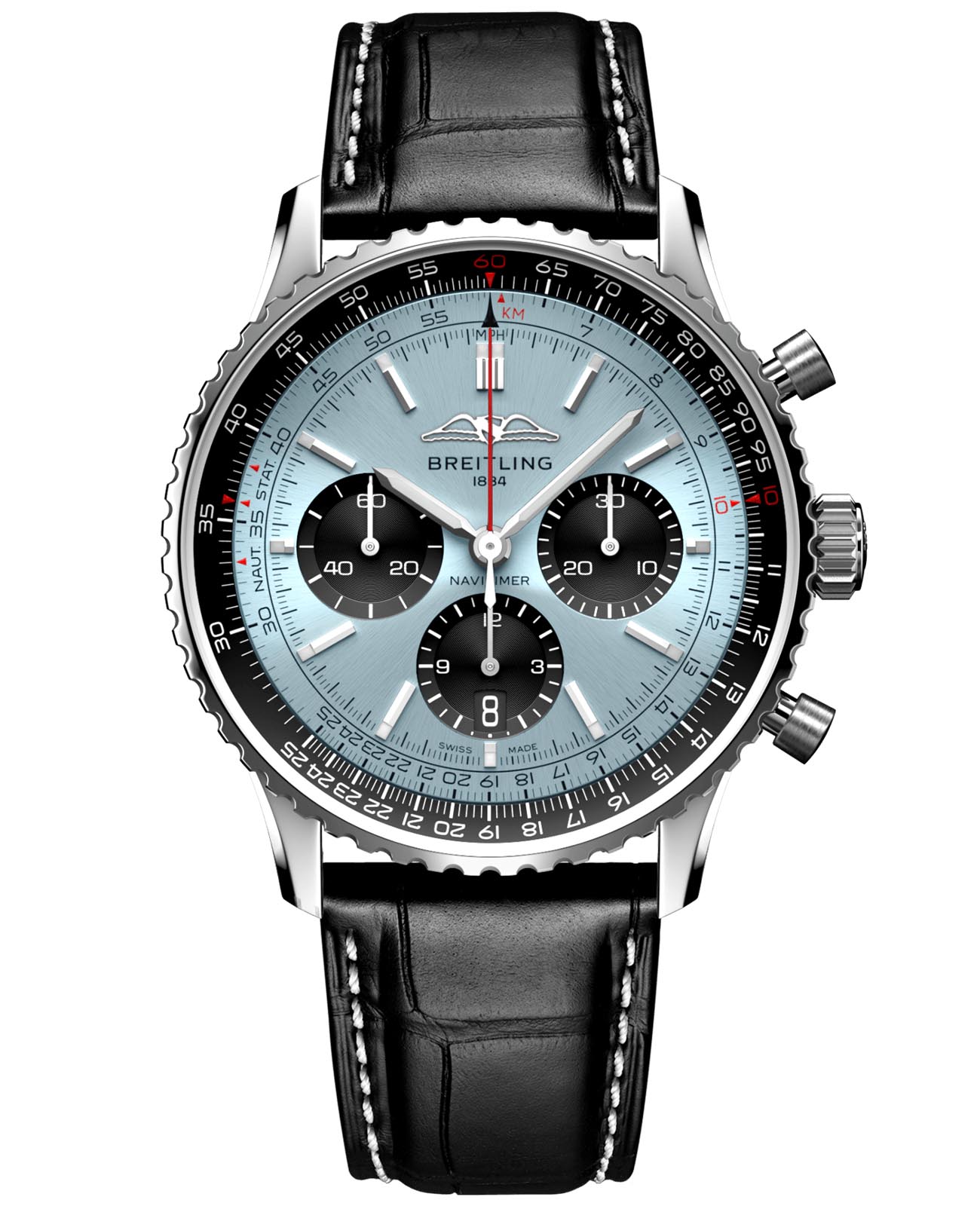 Breitling Breitling Navitimer B01 Chronograph 43 AB0138241C1P1  AB0138241C1P1 механические мужские часы голубой циферблат, браслет кожаный — вид спереди
