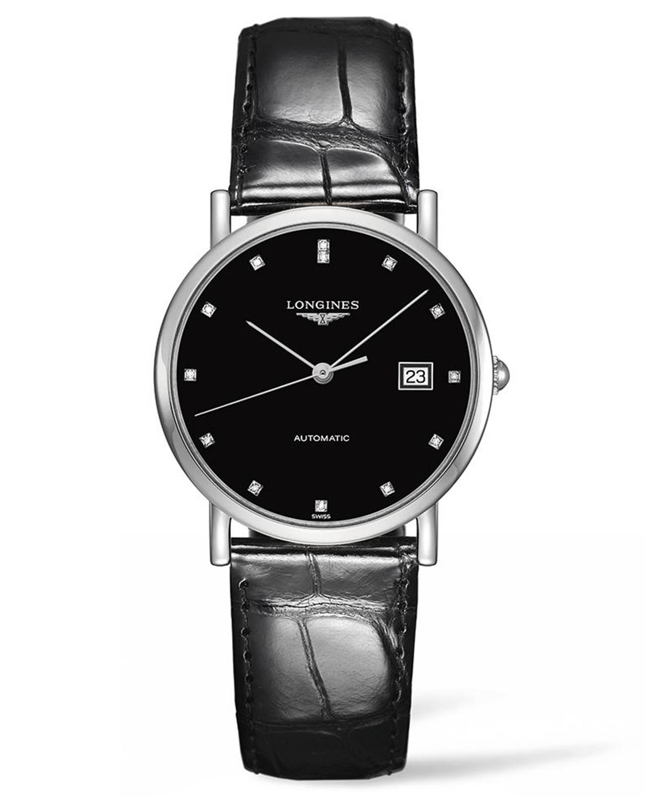 Longines Longines Elegant Collection L4.809.4.57.2  L48094572 механические женские часы черный циферблат, браслет кожаный — вид спереди