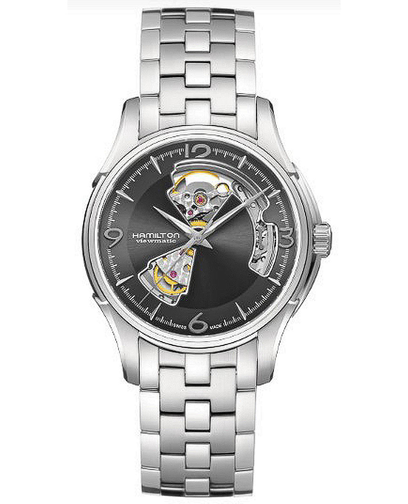 Hamilton Hamilton Jazzmaster Open Heart Auto H32565185  H32565185 механические мужские часы серый циферблат, браслет нержавеющая сталь — вид спереди