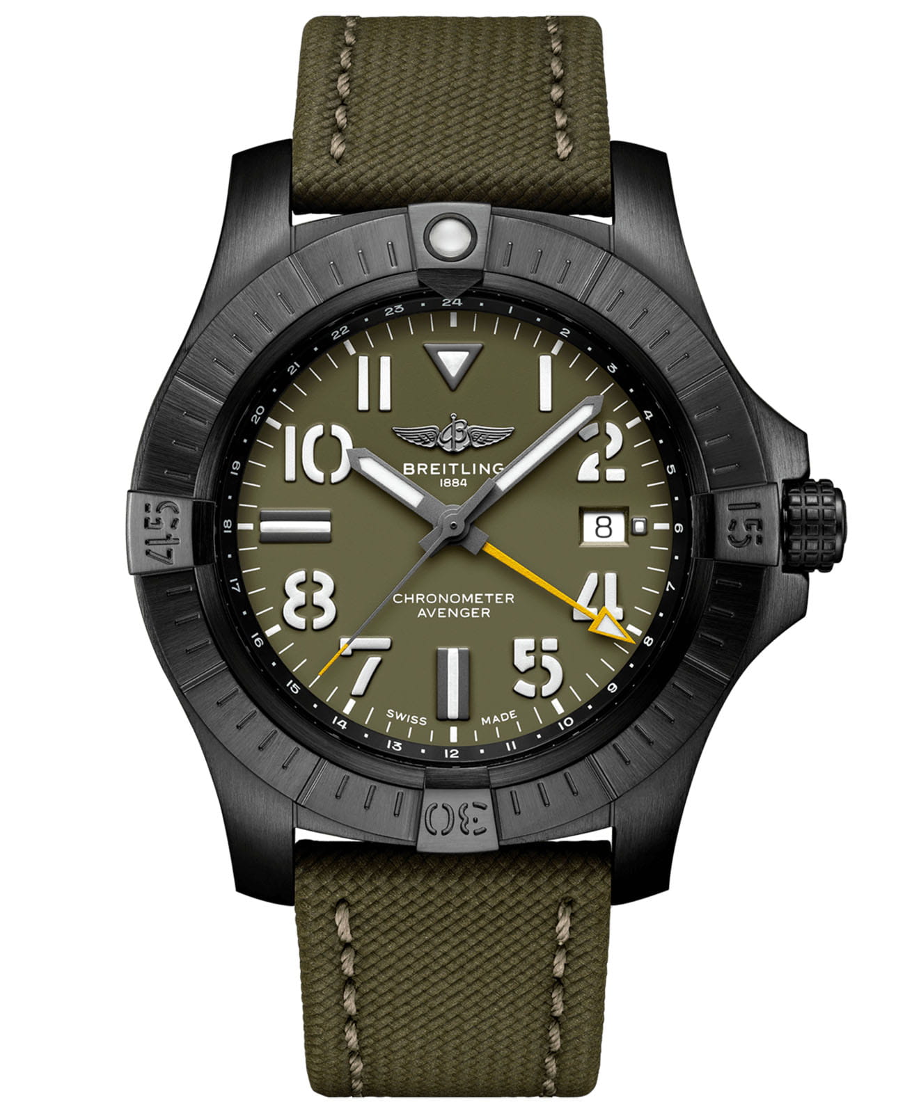 Breitling Breitling Avenger Automatic GMT 45 Night Mission Limited Edition V323952A1L1X2  V323952A1L1X2 механические мужские часы зеленый циферблат, браслет кожаный — вид спереди