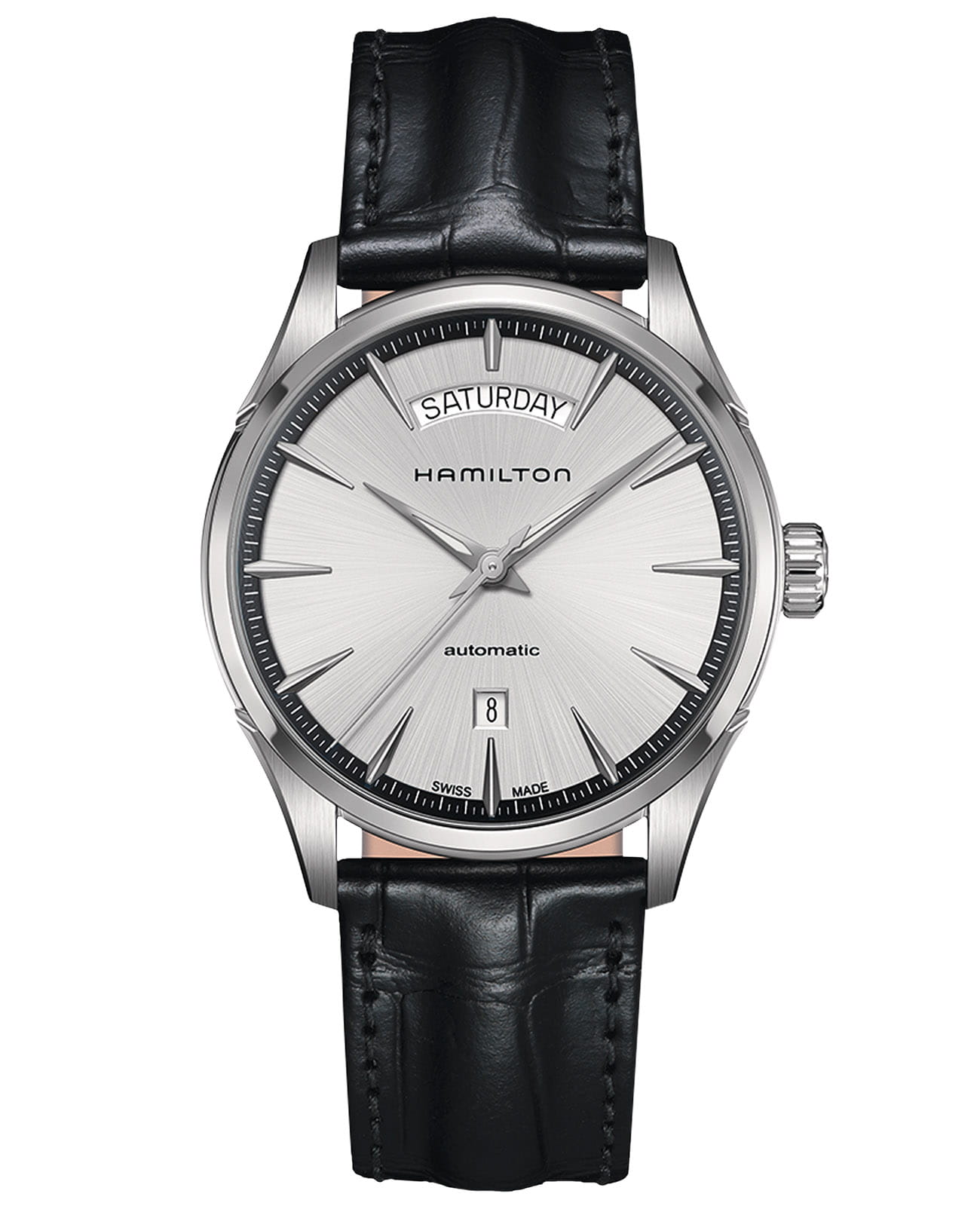 Hamilton Hamilton Jazzmaster Day Date Auto H42565751  H42565751 механические мужские часы серебристый циферблат, браслет кожаный — вид спереди