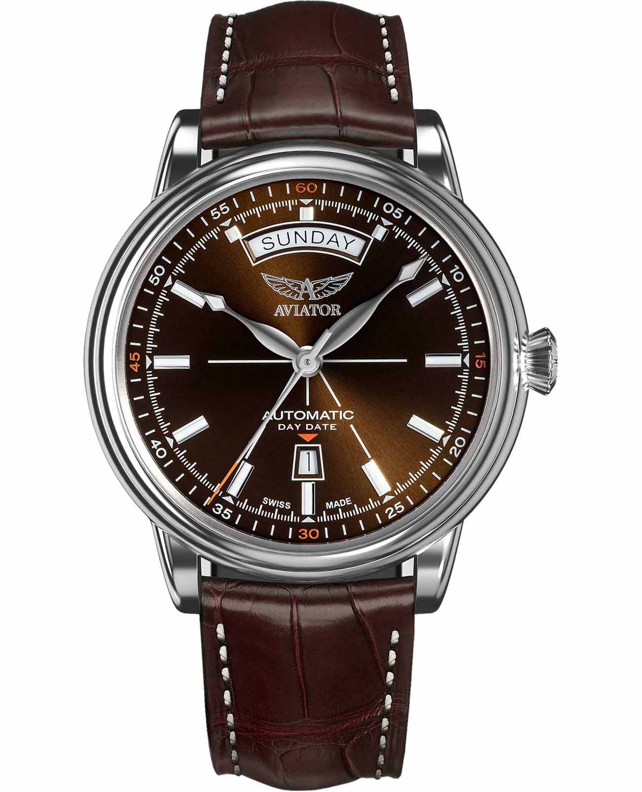 Aviator Aviator Douglas Day-Date V.3.20.0.140.4  V.3.20.0.140.4 механические мужские часы коричневый циферблат, браслет кожаный — вид спереди