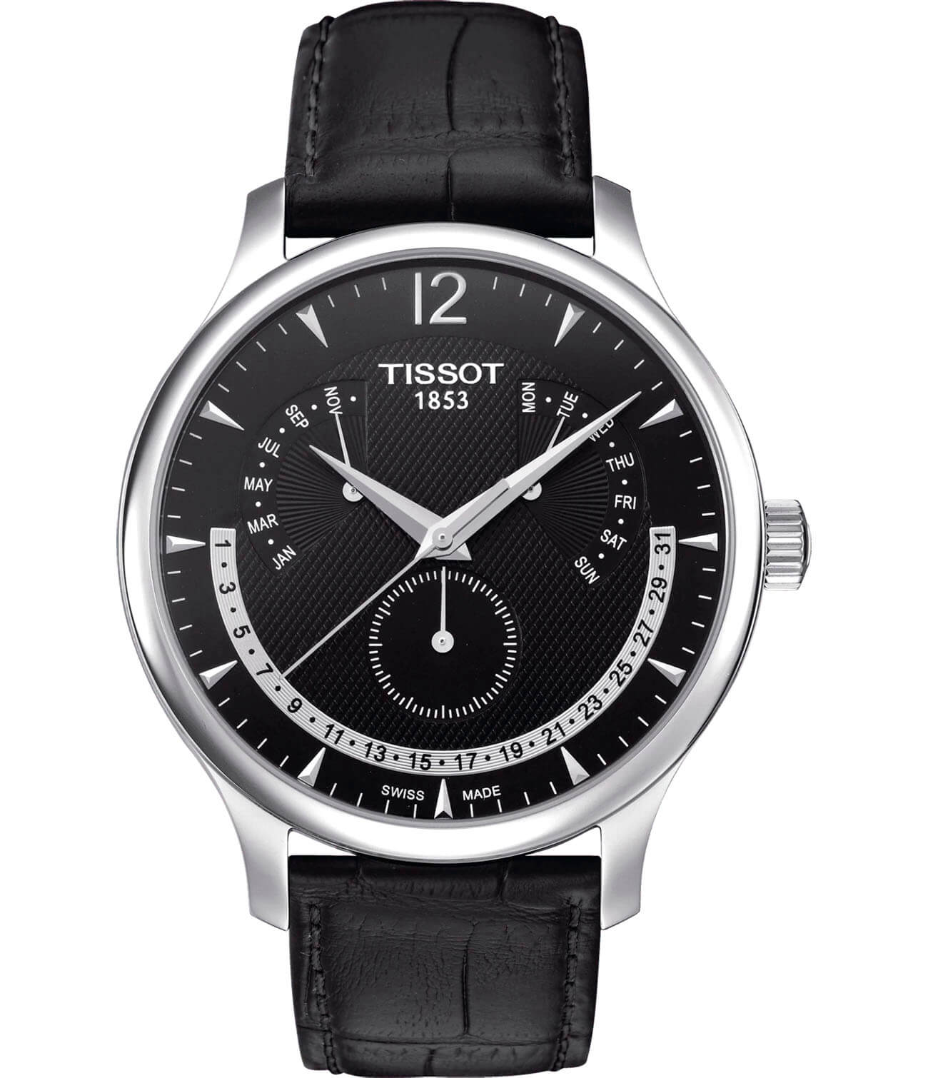 Tissot Tissot Tradition Perpetual Calendar T063.637.16.057.00 Tradition T0636371605700 кварцевые мужские часы черный циферблат, браслет кожаный — вид спереди