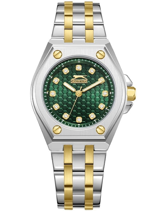 Slazenger Slazenger SL.09.2342.3.03  SL.09.2342.3.03 кварцевые женские часы зеленый циферблат, браслет суперметалл с pvd покрытием — вид спереди