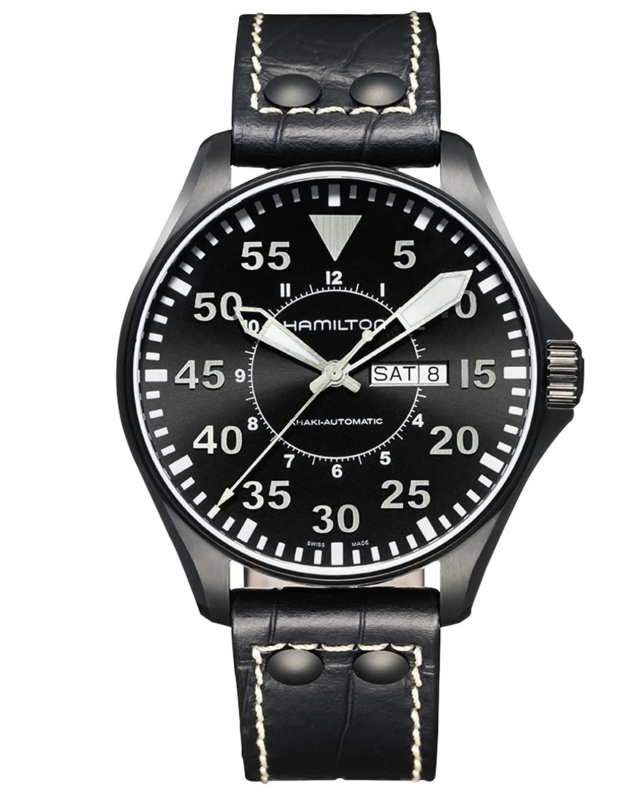 Hamilton Hamilton Khaki Aviation Pilot Day Date Auto H64785835  H64785835 механические мужские часы черный циферблат, браслет кожаный — вид спереди