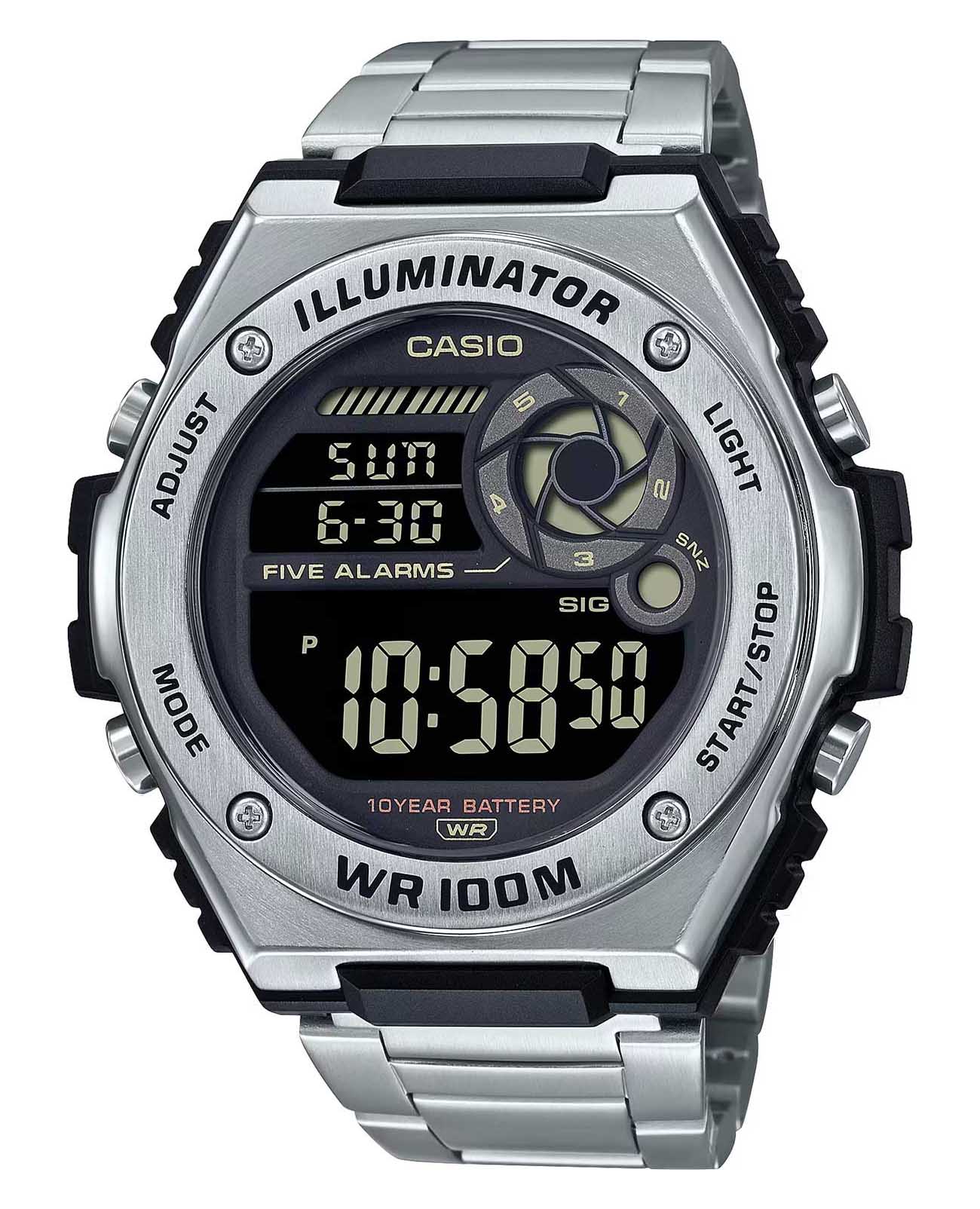 Casio Casio Collection Standard Digital MWD-100HD-1BVEF  MWD-100HD-1BVEF кварцевые мужские часы  циферблат, браслет нержавеющая сталь — вид спереди