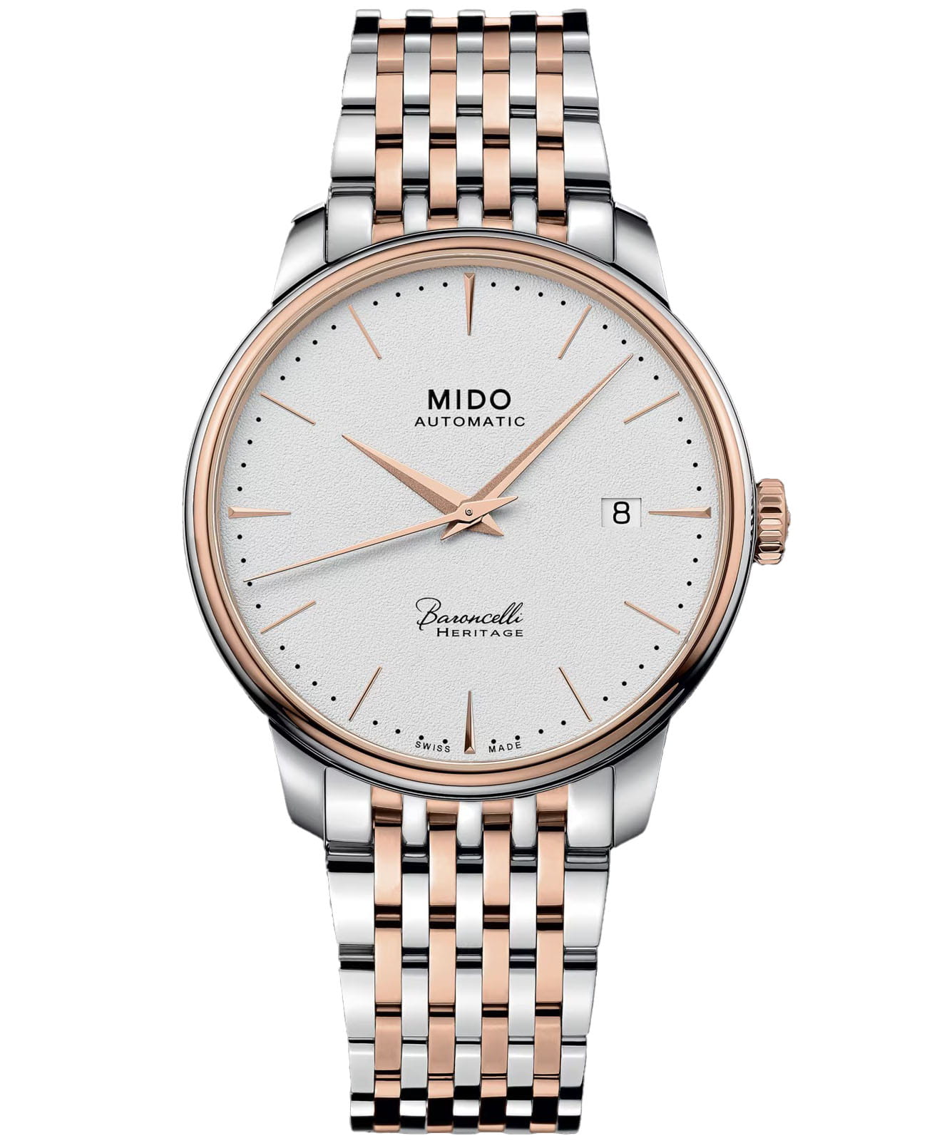 Mido Mido Baroncelli Heritage M027.407.22.011.00  M0274072201100 механические мужские часы  циферблат, браслет нержавеющая сталь с pvd-покрытием — вид спереди