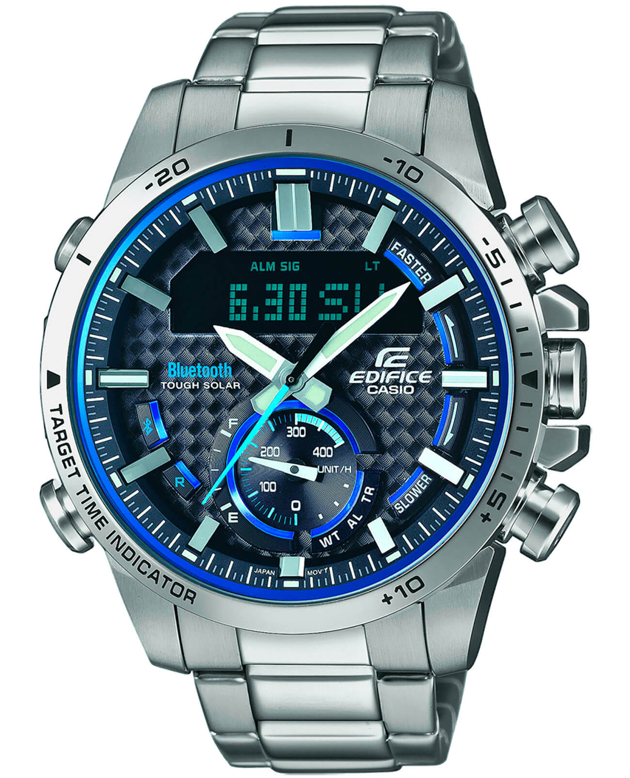 Casio Casio Edifice ECB-800D-1A ECB ECB-800D-1AEF кварцевые мужские часы черный циферблат, браслет нержавеющая сталь — вид спереди