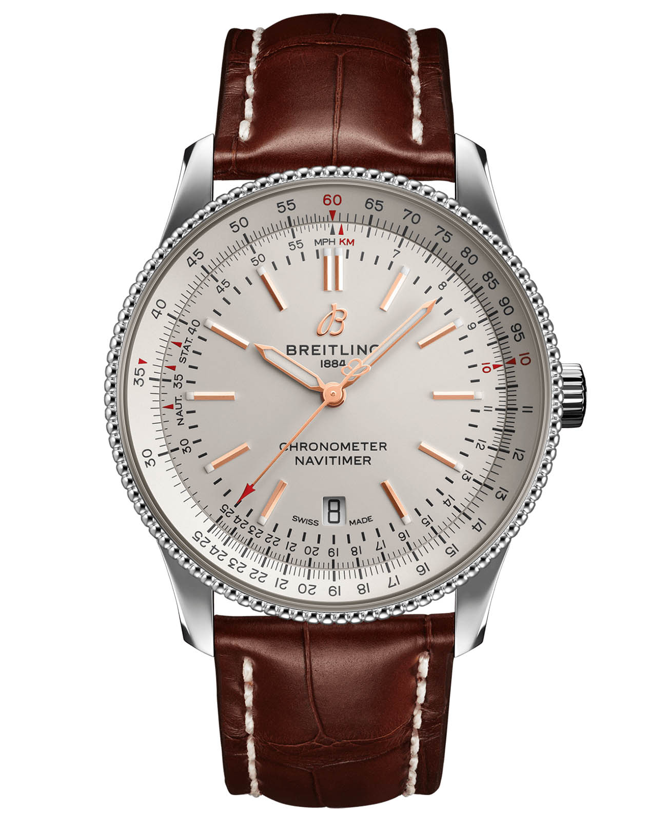 Breitling Breitling Navitimer Automatic 41 A17326211G1P1  A17326211G1P1 механические мужские часы серебристый циферблат, браслет кожаный — вид спереди