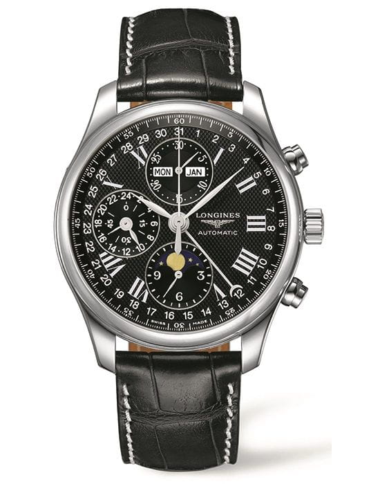 Longines Longines Master Collection L2.773.4.51.8  L27734518 механические мужские часы черный циферблат, браслет кожаный — вид спереди