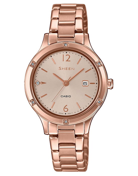 Casio Casio Sheen SHE-4533PG-4AUER  SHE-4533PG-4A кварцевые женские часы бежевый циферблат, браслет сталь с ip покрытием — вид спереди