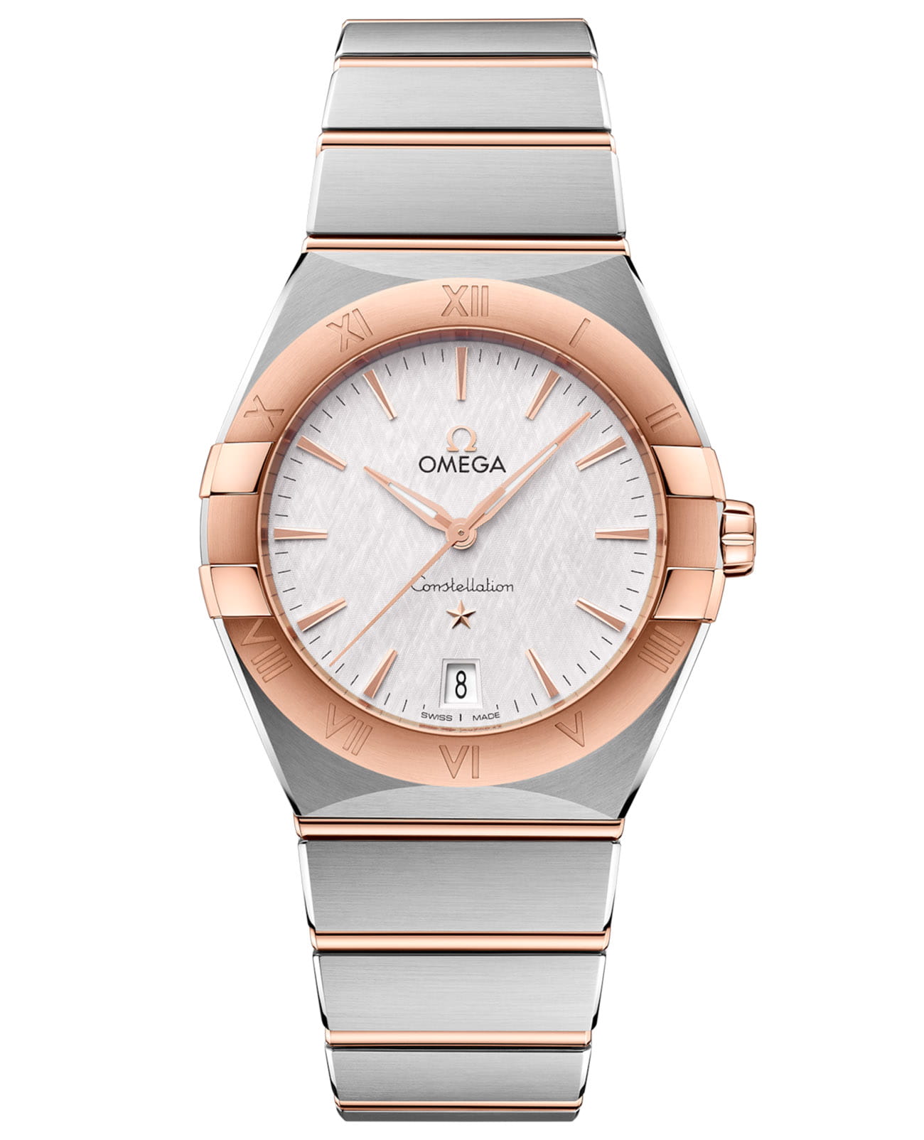 Omega Omega Constellation 131.20.36.60.02.001  13120366002001 кварцевые женские часы серебристый циферблат, браслет сталь + золото — вид спереди