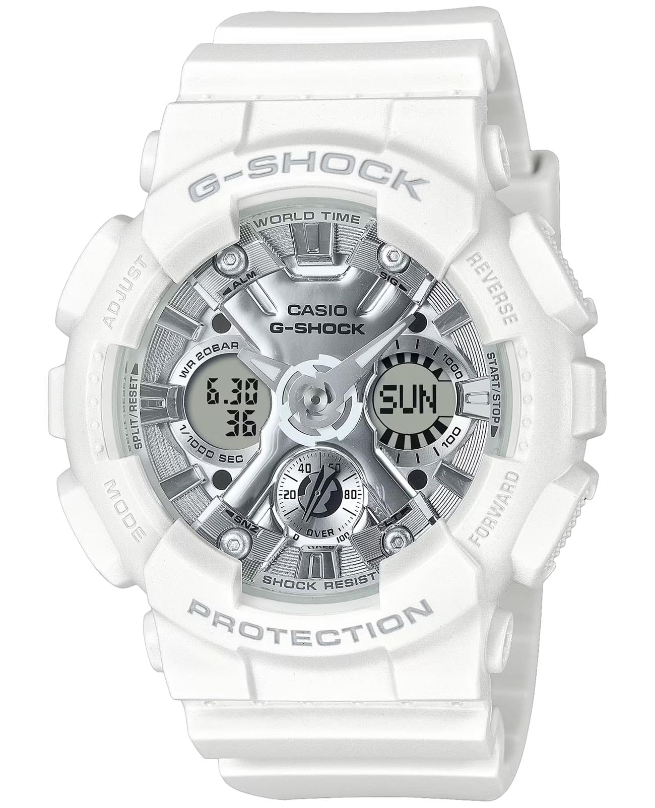 Casio Casio G-Shock GMA-S120VA-7ADR (GMA-S120VA-7A)  GMA-S120VA-7A электронные женские часы серебристый циферблат, браслет пластик — вид спереди