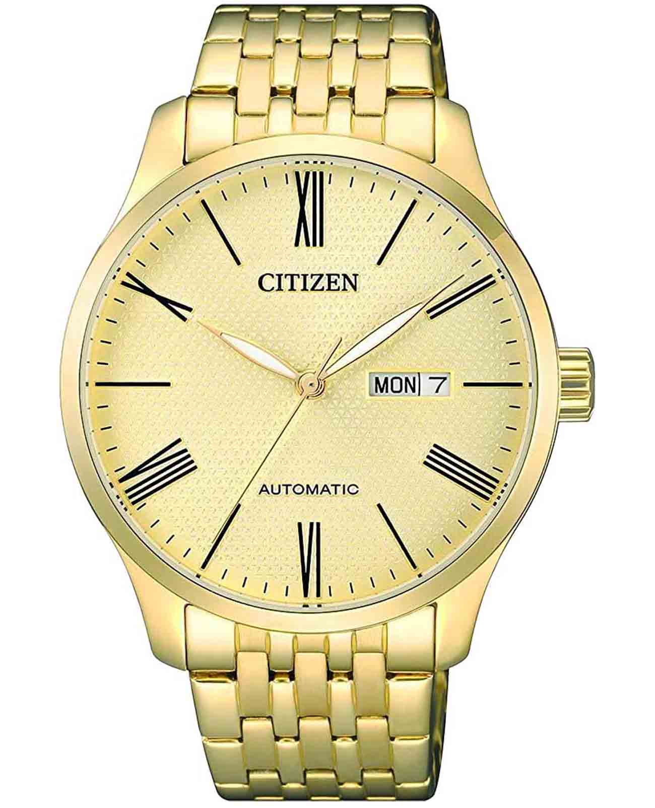 Citizen Citizen Automatic NH8352-53P  NH8352-53P механические мужские часы золотой циферблат, браслет нержавеющая сталь с ip-покрытием — вид спереди