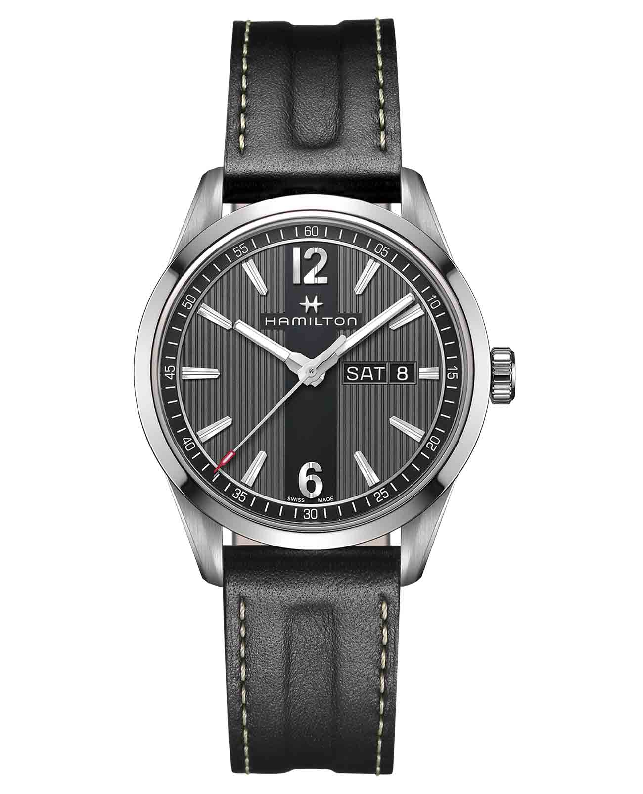 Hamilton Hamilton Broadway Day Date Quartz H43311735  H43311735 кварцевые мужские часы  циферблат, браслет кожаный — вид спереди