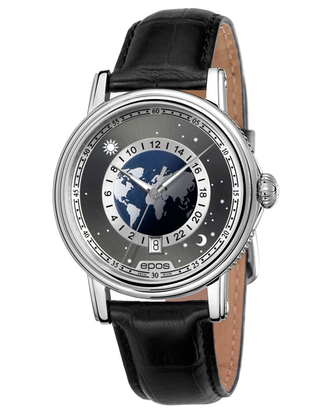 Epos Epos Emotion 3390.302.20.54.25  3390.302.20.54.25 механические мужские часы черный циферблат, браслет кожаный — вид спереди