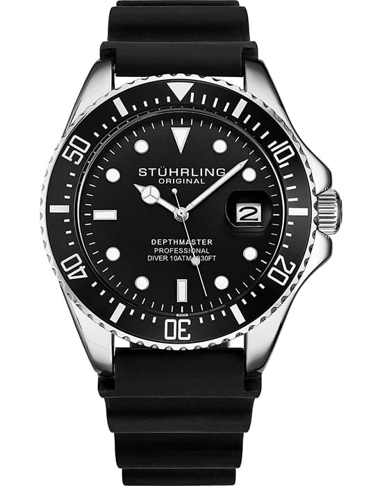 Stuhrling Stuhrling Aquadiver 3950R.1  3950R.1 кварцевые мужские часы черный циферблат, браслет силикон — вид спереди