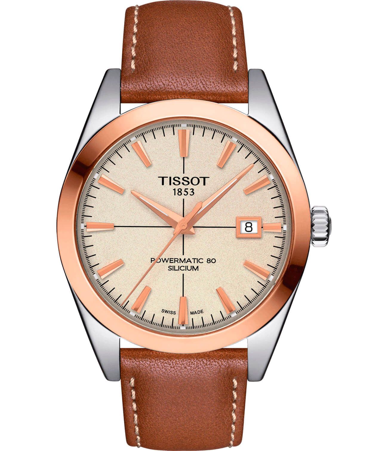 Tissot Tissot Gentleman Powermatic 80 Silicium 18K Gold T927.407.46.261.00 Gentleman T9274074626100 механические мужские часы  циферблат, браслет кожаный — вид спереди