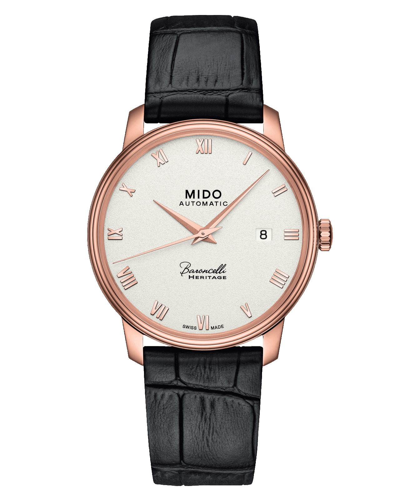 Mido Mido Baroncelli M027.407.36.013.00  M0274073601300 механические женские часы белый циферблат, браслет кожаный — вид спереди