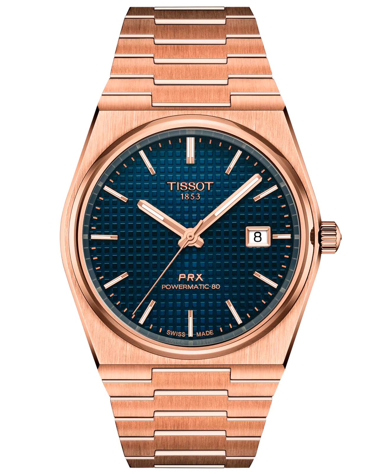 Tissot Tissot PRX Powermatic Т137.407.33.041.00  T1374073304100 механические мужские часы синий циферблат, браслет нержавеющая сталь с pvd-покрытием — вид спереди