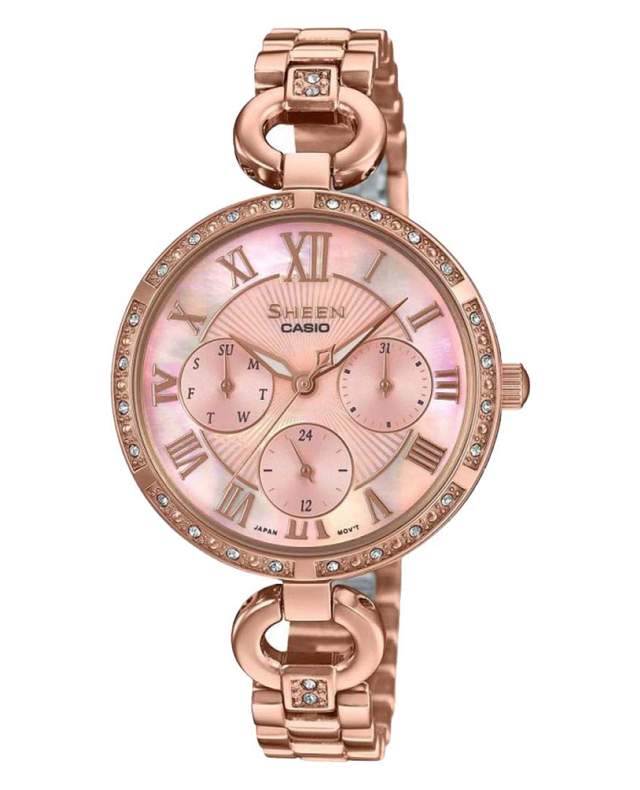 Casio Casio Sheen SHE-3067PG-4A  SHE-3067PG-4A кварцевые женские часы перламутровый циферблат, браслет сталь с ip покрытием — вид спереди