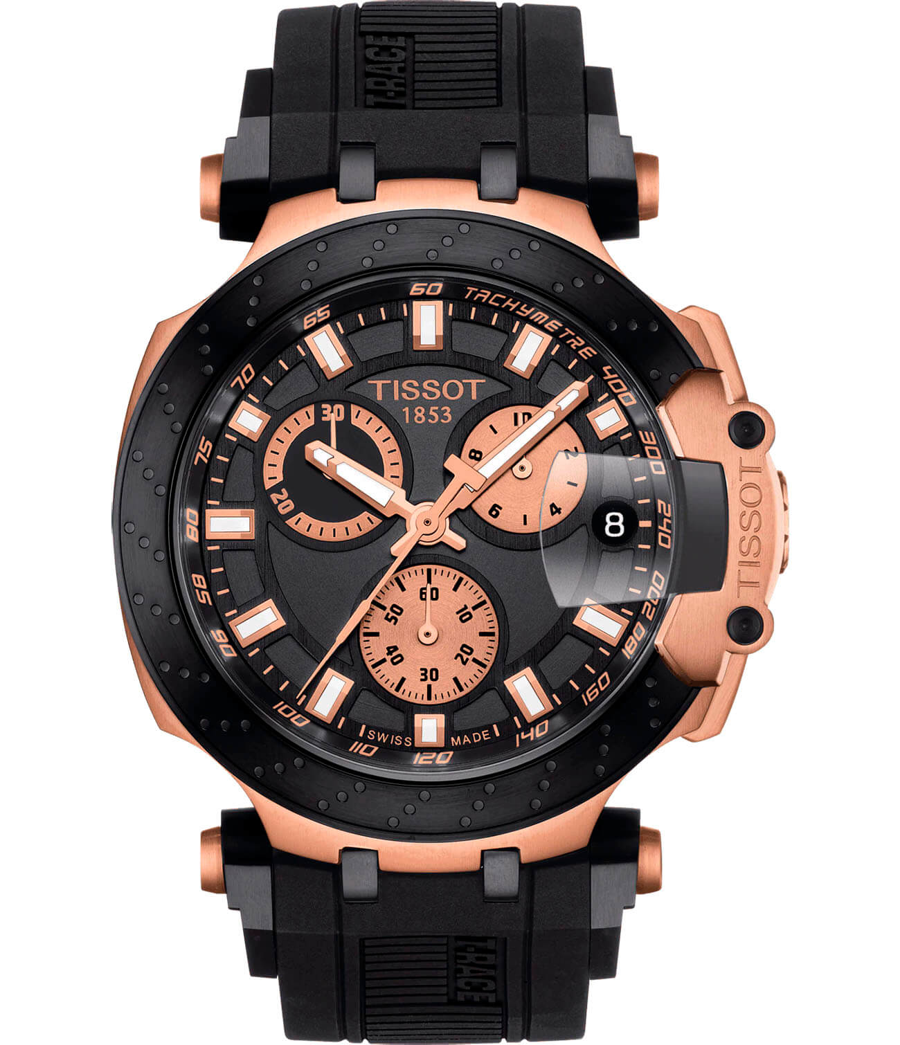 Tissot Tissot T-Race Chronograph T115.417.37.051.00 T Race T1154173705100 кварцевые мужские часы черный циферблат, браслет силикон — вид спереди