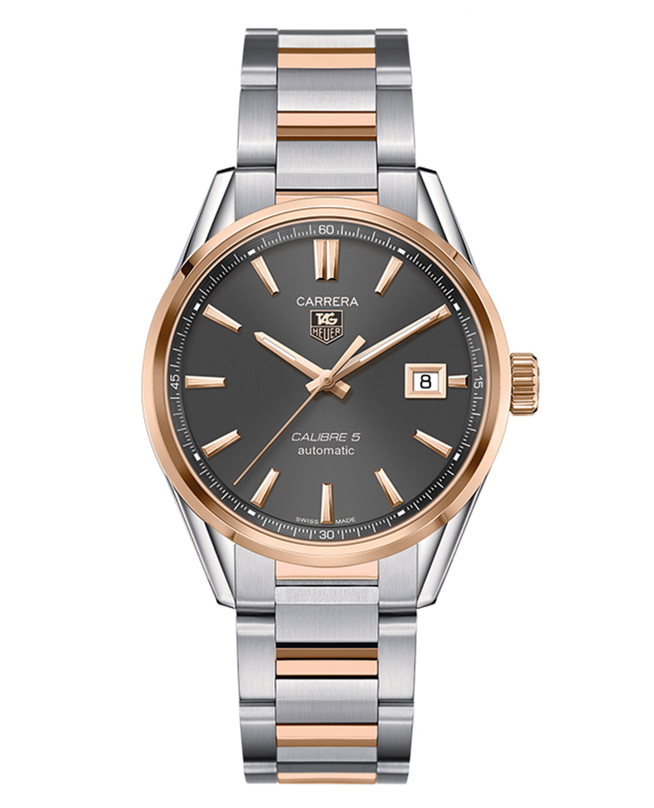 TAG Heuer TAG Heuer Carrera WAR215E.BD0784  WAR215E.BD0784 механические мужские часы черный циферблат, браслет нержавеющая сталь + золото 18к — вид спереди