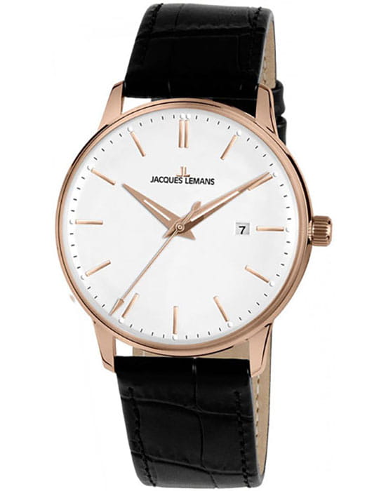 Jacques Lemans Jacques Lemans N-213G  N-213G кварцевые мужские часы белый циферблат, браслет кожаный — вид спереди